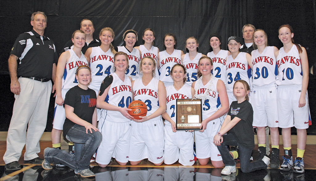   The Region 3B Champion Blackhawks are pictured above. In back from left: Co-Head Coach Tim McCain, Co-Head Coach Rob Baruth, Assistant Coach Justin Dean; middle row: Bailey Moody, Tayla Weber, Morgan Selland, Myah Selland, Abby Doering, Sarah Morgan, Savannah Swenson, Tanna Kingsbury, Kayla Olson, Maddie Vermeulen; front row: student manager Kaylee White, Shelby Selland, Rachel Selland, Kelbi Dean, Marissa Weber and student manager Jaycee Baruth.