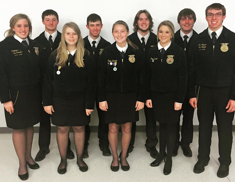 Pictured is the newly elected District 4 FFA Officer Team with State Officers Jordanne Howe and Shane Gross.  Aaron Linke (back row, second from left) of the SCW FFA Chapter was chosen as the Reporter.
