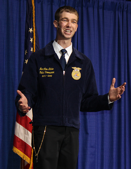 State FFA Treasurer Jonathan Linke delivers his retiring address “The Little Things” during the 2016 State FFA Convention.