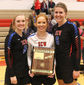 SANBORN CENTRAL volleyball players listed on the the 281 and/or CBH All-Conference are: Kayla Olson, Maddie Vermeulen and Myah Selland.