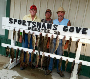 Wayne Feistner, Jeff LaVine and Randy Larson show off their bounty after a successful day fishing at Lake Klich near Webster.