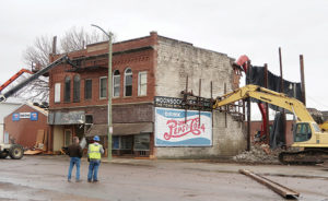 THE OLD Masons building on Woonsocket’s Dumont Avenue was razed Monday morning after it was declared unsafe and a nuisance by the Woonsocket City Council. Feistner Excavation was contracted to perform the demolition.