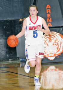 SOPHOMORE MEGAN Poyer brings the ball down the court during a dominating first half Thursday versus Wolsey-Wessington.